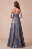 A-Line Navy Jacquard Floral Spaghetti Straps Ruched Long Formal Dress