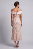 Blush Off the Shoulder Mermaid Beaded Midi Mother Of the Bride Dress