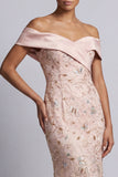 Blush Off the Shoulder Mermaid Beaded Midi Mother Of the Bride Dress