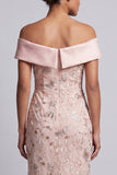 Blush Off the Shoulder Mermaid Beaded Midi Mother Of the Bride Dress