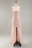 Blush Mermaid Square Neck Beaded Ruched Long Mother Of the Bride Dress with Slit