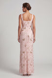 Blush Mermaid Square Neck Beaded Ruched Long Mother Of the Bride Dress with Slit