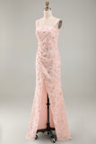 Blush Mermaid Square Neck Beaded Ruched Long Mother Of the Bride Dress with Slit