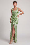 Blush Mermaid Square Neck Beaded Ruched Long Mother Of the Bride Dress with Slit