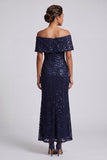Sparkly Mermaid Navy Off the Shoulder Midi Mother Of the Bride Dress with Sequins