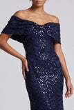 Sparkly Mermaid Navy Off the Shoulder Midi Mother Of the Bride Dress with Sequins