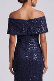 Sparkly Mermaid Navy Off the Shoulder Midi Mother Of the Bride Dress with Sequins