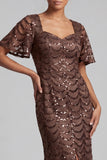 Sparkly Navy Mermaid Flutter Sleeves Sequins Midi Mother Of the Bride Dress with Slit