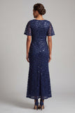 Sparkly Navy Mermaid Flutter Sleeves Sequins Midi Mother Of the Bride Dress with Slit