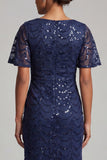 Sparkly Navy Mermaid Flutter Sleeves Sequins Midi Mother Of the Bride Dress with Slit