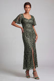 Sparkly Navy Mermaid Flutter Sleeves Sequins Midi Mother Of the Bride Dress with Slit