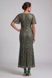 Sparkly Navy Mermaid Flutter Sleeves Sequins Midi Mother Of the Bride Dress with Slit
