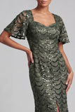 Sparkly Navy Mermaid Flutter Sleeves Sequins Midi Mother Of the Bride Dress with Slit