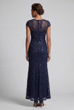 Sparkly Navy Mermaid Round Neck Sequins Midi Mother Of the Bride Dress with Cap Sleeves