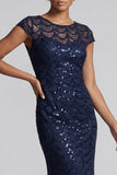 Sparkly Navy Mermaid Round Neck Sequins Midi Mother Of the Bride Dress with Cap Sleeves