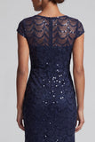 Sparkly Navy Mermaid Round Neck Sequins Midi Mother Of the Bride Dress with Cap Sleeves