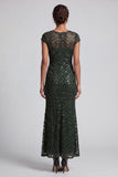 Sparkly Navy Mermaid Round Neck Sequins Midi Mother Of the Bride Dress with Cap Sleeves