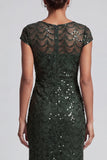 Sparkly Navy Mermaid Round Neck Sequins Midi Mother Of the Bride Dress with Cap Sleeves
