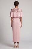 Burgundy Mermaid Round Neck Midi Mother Of the Bride Dress with Cape