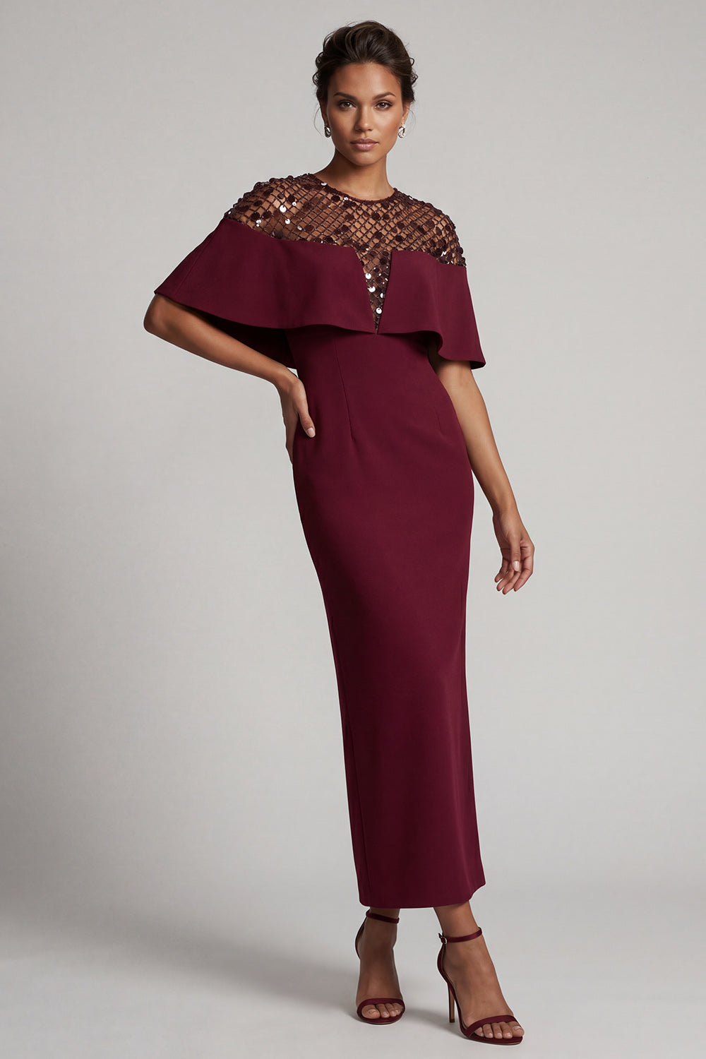 Zapaka Women Burgundy Mermaid Mother Of the Bride Dress with Cape Round Neck Midi Wedding Guest Dress, Burgundy / US6