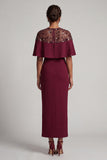 Burgundy Mermaid Round Neck Midi Mother Of the Bride Dress with Cape