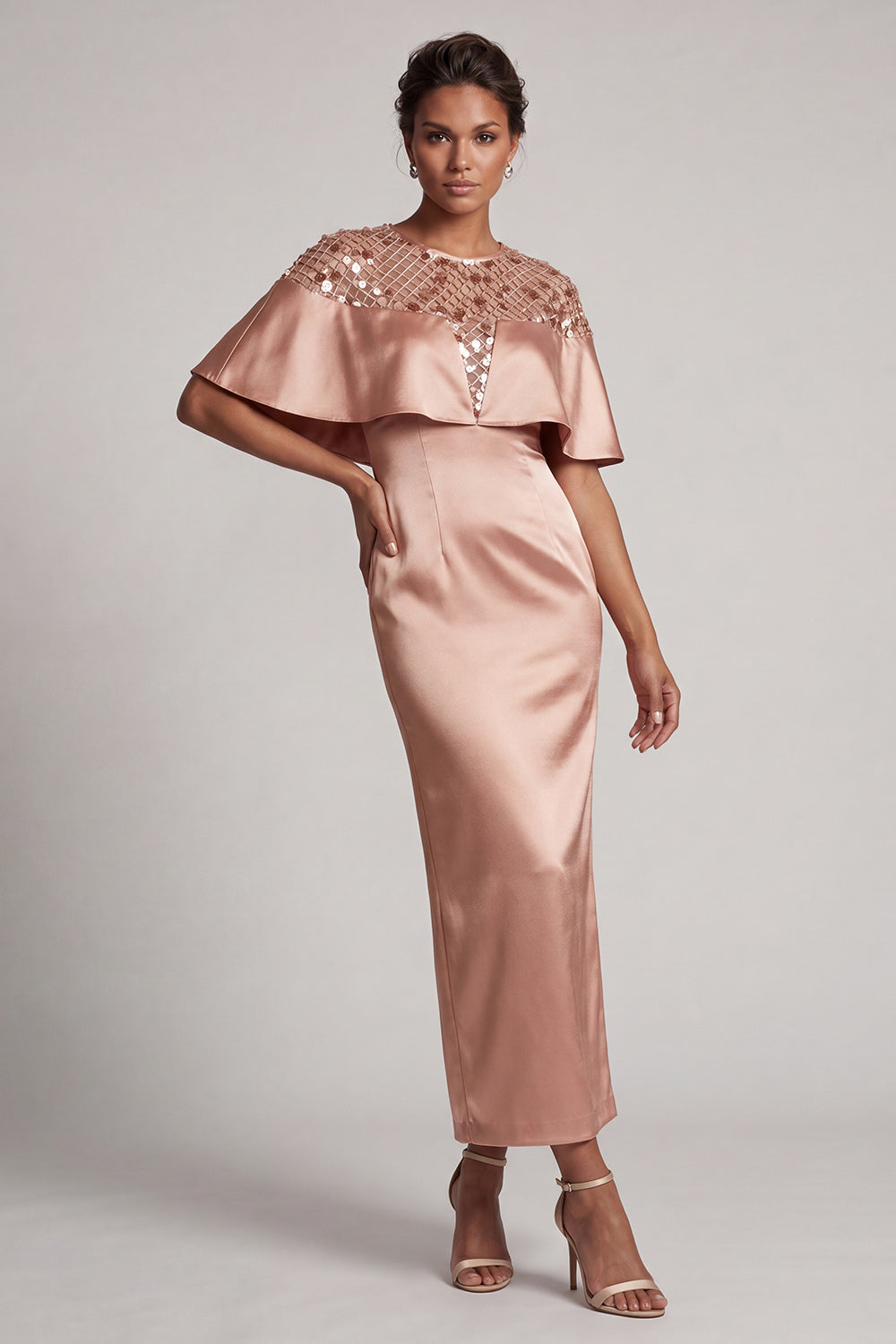 Zapaka Women Burgundy Mermaid Mother Of the Bride Dress with Cape Round Neck Midi Wedding Guest Dress, Dusty Rose / US8