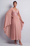 Sky Blue A-Line Chiffon V-Neck Midi Mother Of the Bride Dress with Cape Sleeves