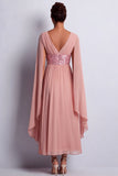 Sky Blue A-Line Chiffon V-Neck Midi Mother Of the Bride Dress with Cape Sleeves