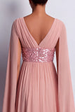 Sky Blue A-Line Chiffon V-Neck Midi Mother Of the Bride Dress with Cape Sleeves