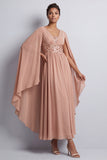 Sky Blue A-Line Chiffon V-Neck Midi Mother Of the Bride Dress with Cape Sleeves