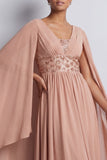 Sky Blue A-Line Chiffon V-Neck Midi Mother Of the Bride Dress with Cape Sleeves