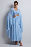 Sky Blue A-Line Chiffon V-Neck Midi Mother Of the Bride Dress with Cape Sleeves
