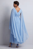 Sky Blue A-Line Chiffon V-Neck Midi Mother Of the Bride Dress with Cape Sleeves