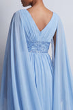 Sky Blue A-Line Chiffon V-Neck Midi Mother Of the Bride Dress with Cape Sleeves