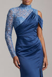 Blue Mermaid High Neck Ruched Midi Mother Of the Bride Dress with Slit