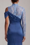 Blue Mermaid High Neck Ruched Midi Mother Of the Bride Dress with Slit