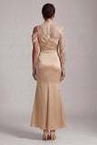 Blue Mermaid High Neck Ruched Midi Mother Of the Bride Dress with Slit