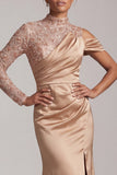 Blue Mermaid High Neck Ruched Midi Mother Of the Bride Dress with Slit
