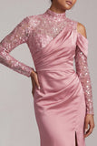 Blue Mermaid High Neck Ruched Midi Mother Of the Bride Dress with Slit