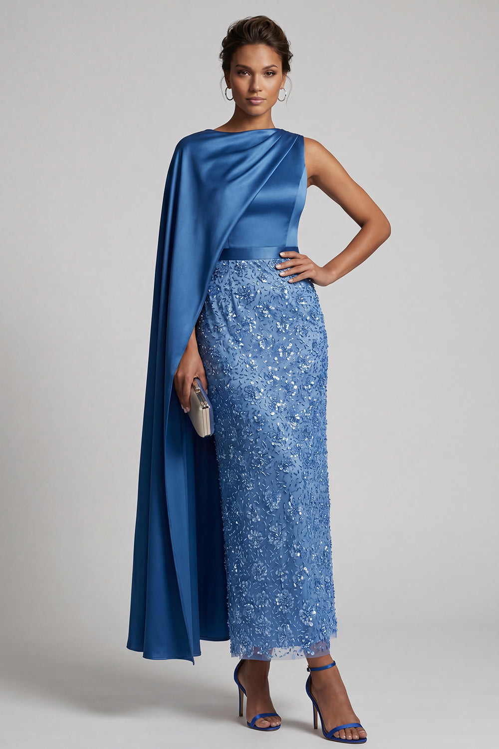 Zapaka Women Blue Mother Of the Bride Dress with Side Cape Round Neck Mermaid Sequins Midi Wedding Guest Dress, Blue / US10