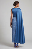 Blue Round Neck Mermaid Sequins Midi Mother Of the Bride Dress with Side Cape