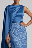 Blue Round Neck Mermaid Sequins Midi Mother Of the Bride Dress with Side Cape
