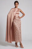 Blue Round Neck Mermaid Sequins Midi Mother Of the Bride Dress with Side Cape