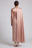 Blue Round Neck Mermaid Sequins Midi Mother Of the Bride Dress with Side Cape