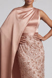 Blue Round Neck Mermaid Sequins Midi Mother Of the Bride Dress with Side Cape