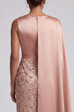 Blue Round Neck Mermaid Sequins Midi Mother Of the Bride Dress with Side Cape