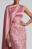 Blue Round Neck Mermaid Sequins Midi Mother Of the Bride Dress with Side Cape