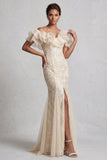 Off the Shoulder Light Blue Mermaid Ruffled Sequins Long Mother Of the Bride Dress with Slit