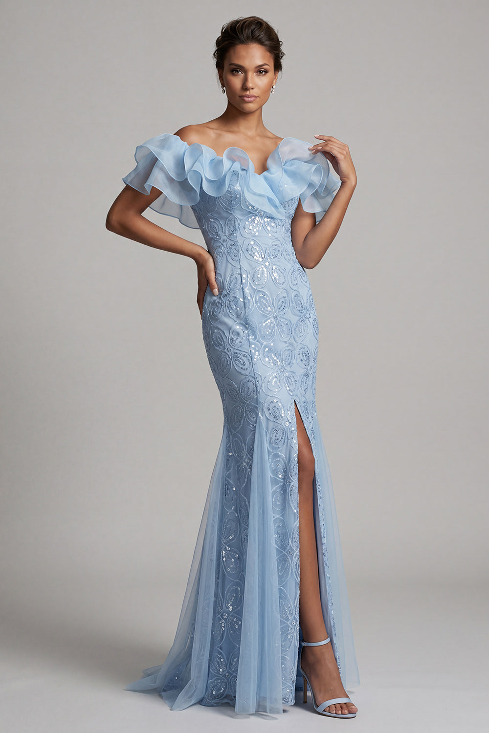 light blue dresses for mother of the bride Zapaka Women Light Blue Mother Of the Bride Dress with Slit Mermaid Off the Shoulder Ruffled Sequins Long Wedding Guest Dress – ZAPAKA