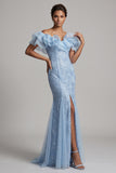 Off the Shoulder Light Blue Mermaid Ruffled Sequins Long Mother Of the Bride Dress with Slit